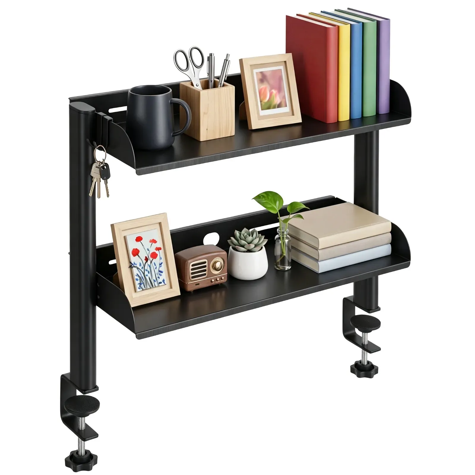 Clamp-On 2-Tier Carbon Steel Desk Shelf with Hooks (2-Pack)